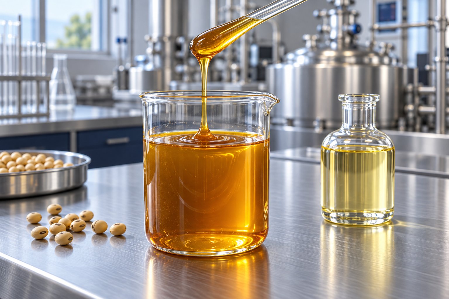 Epoksitlenmiş soya yağı ve soya fasulyelerinin yanında cam behere damlayan altın renkli soya lesitini