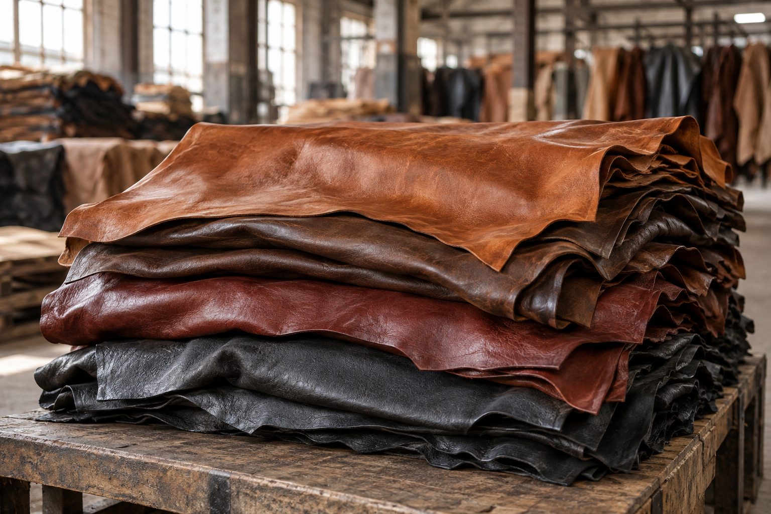 Finished coloured leather hides in a tannery