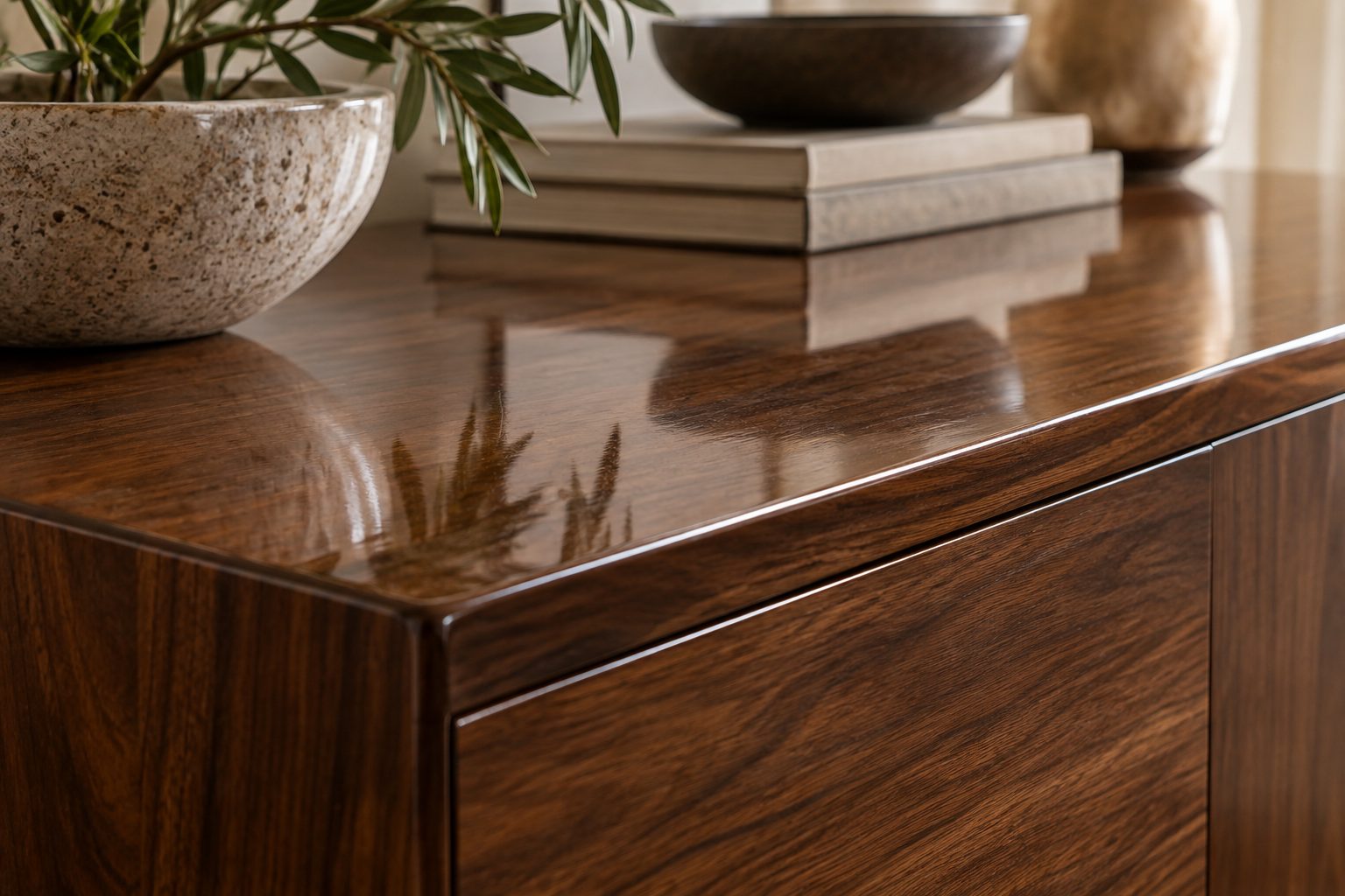 Lacquered wooden furniture surface in a finishing workshop