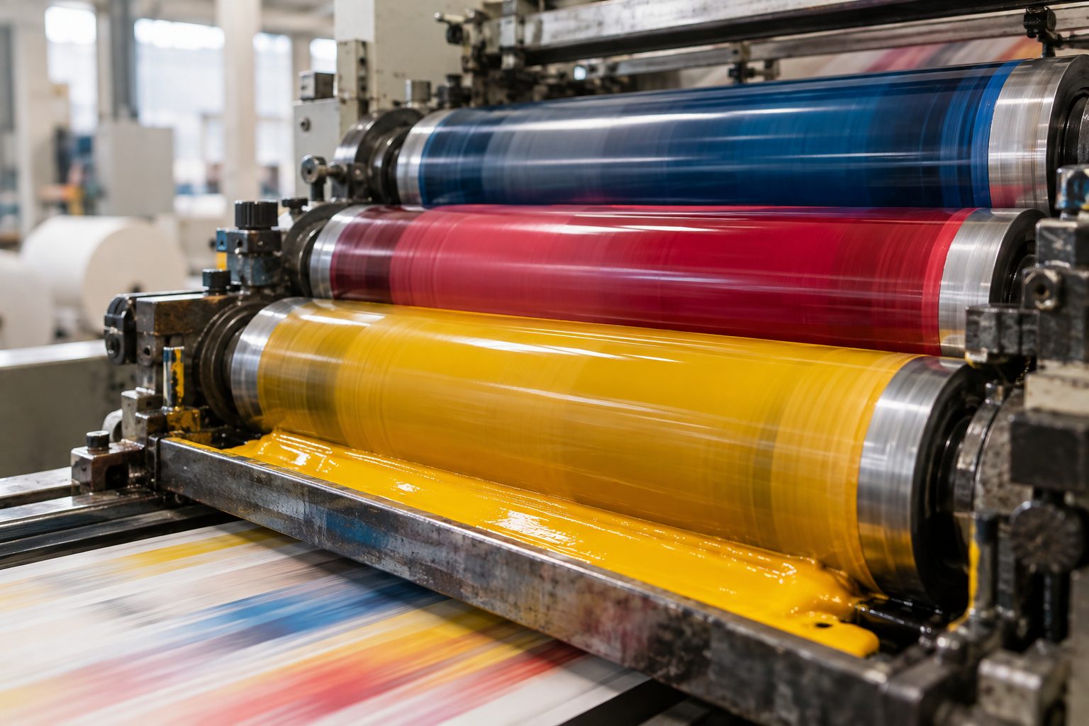 Flexographic printing press running coloured packaging film