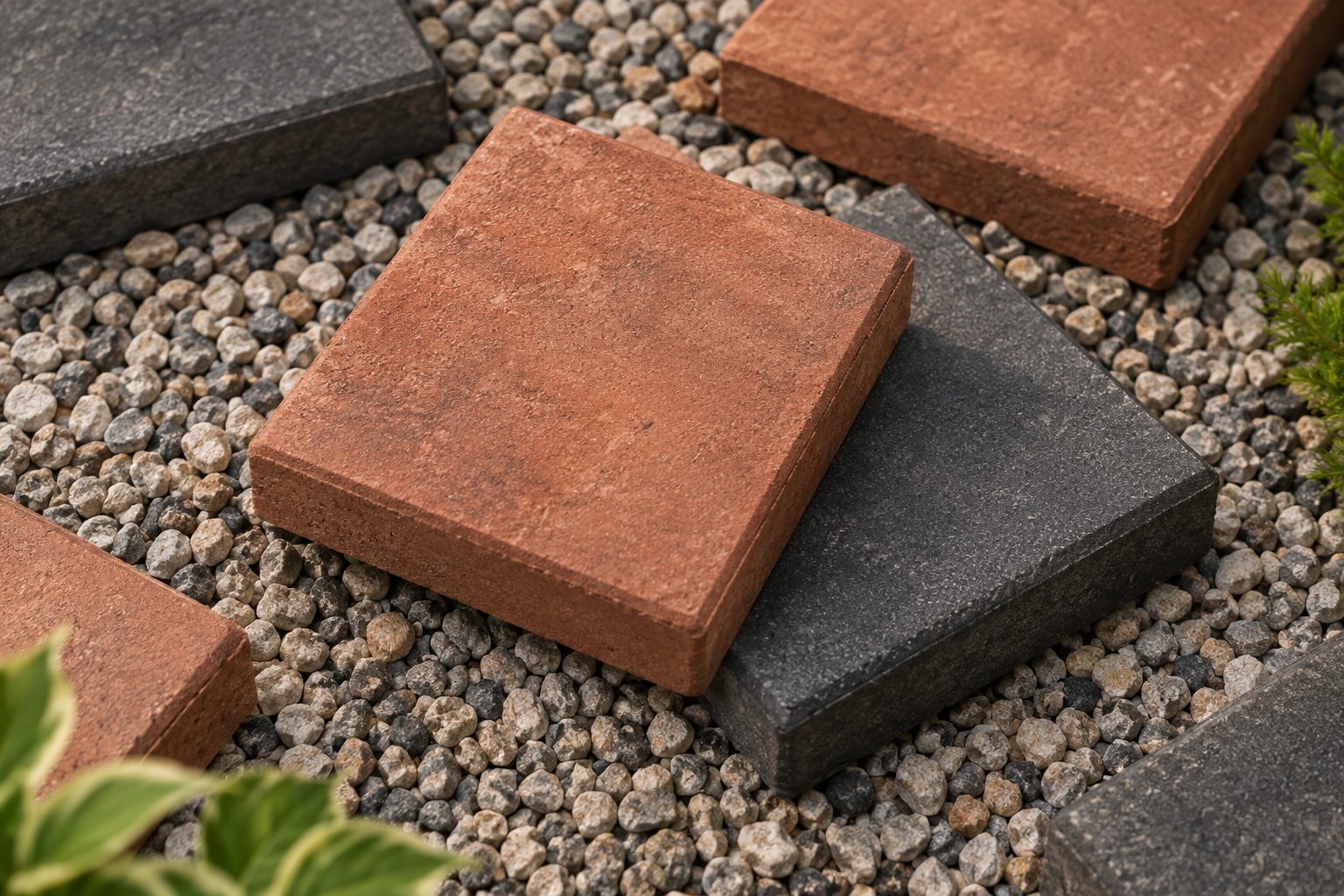 Red concrete paving blocks with coloured pigment powder